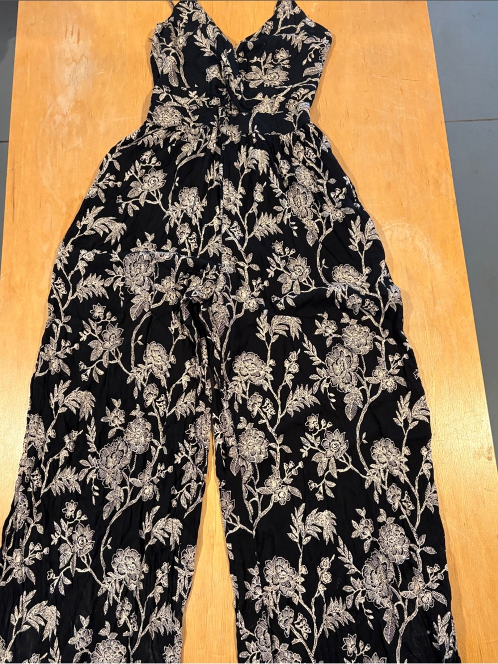 Angie ~ Black Jumpsuit with Cream Tan Floral Pants Tube Top Style